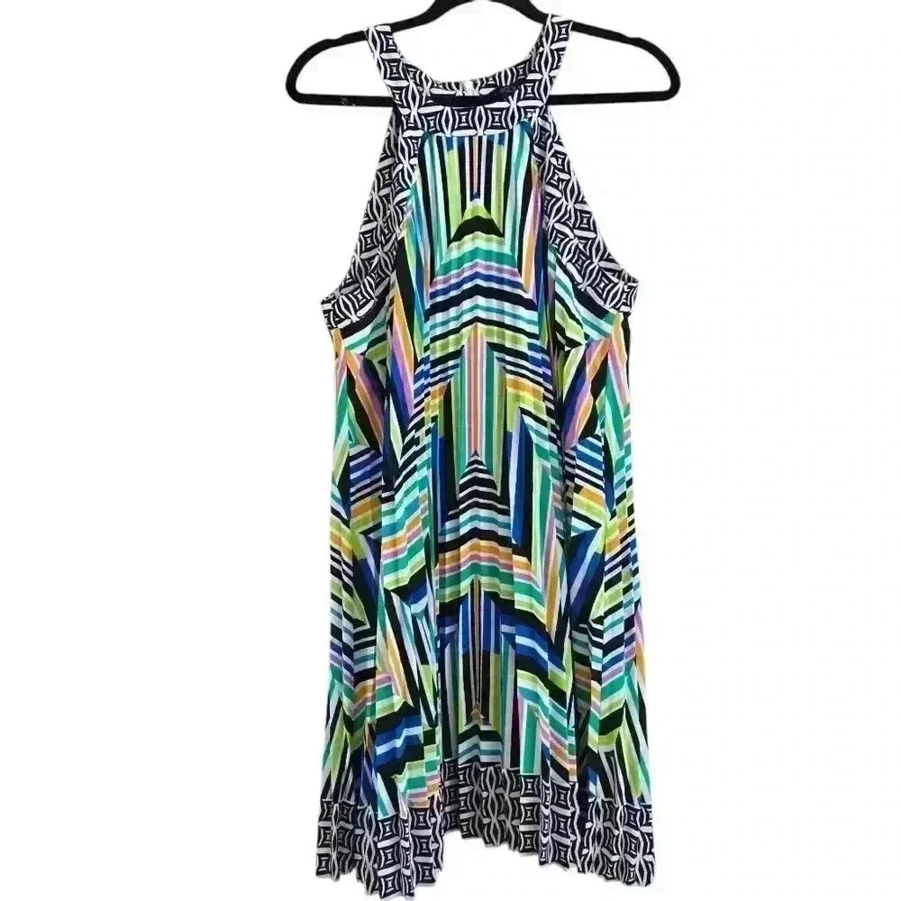 Laundry By Shelli Segal Dress Pleated A-Line Geometric Colorful Sleeveless #130